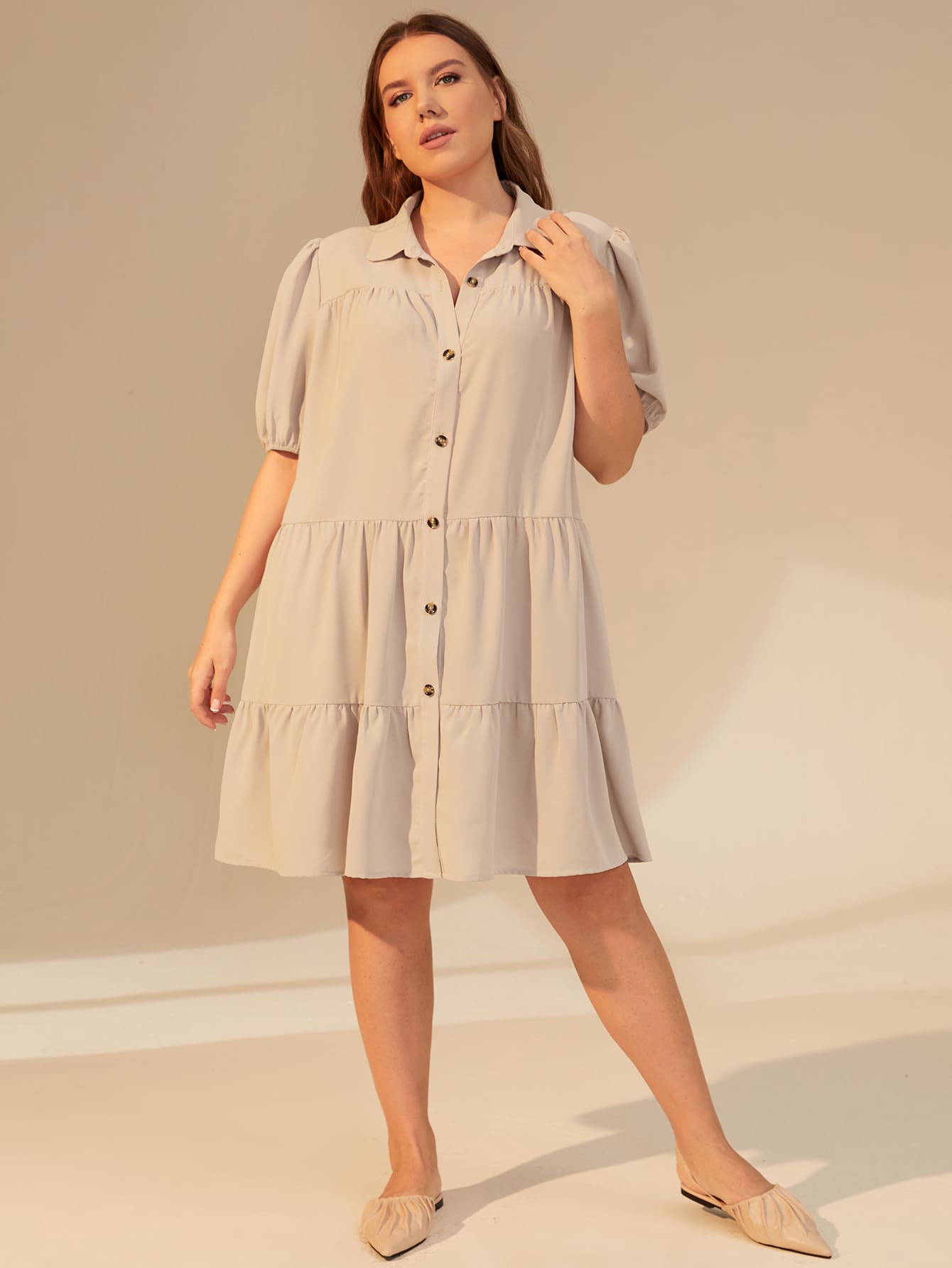 Plus Puff Sleeve Smock Shirt Dress thumbnail