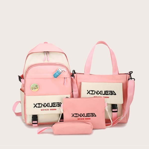 

4pcs Letter Graphic Color Block Backpack Set, Pink