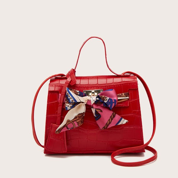 

Twilly Scarf Decor Croc Embossed Satchel Bag, Red