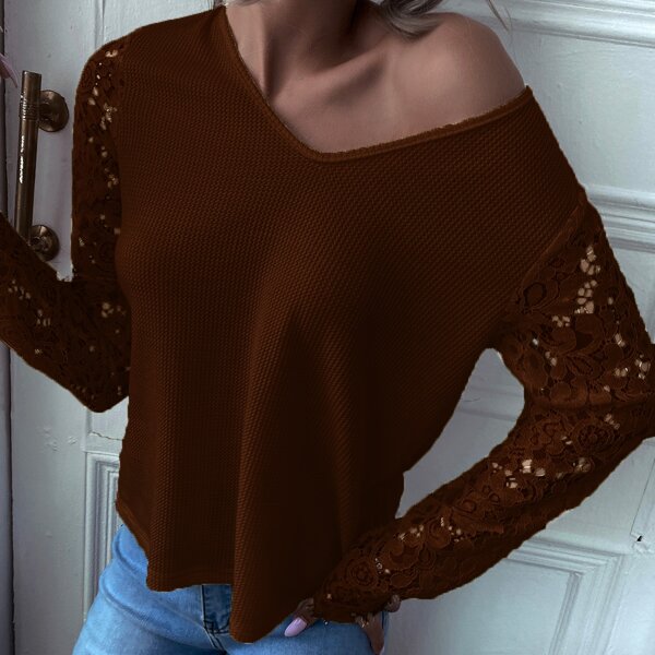 

Contrast Lace Sleeve V Neck Top, Chocolate brown