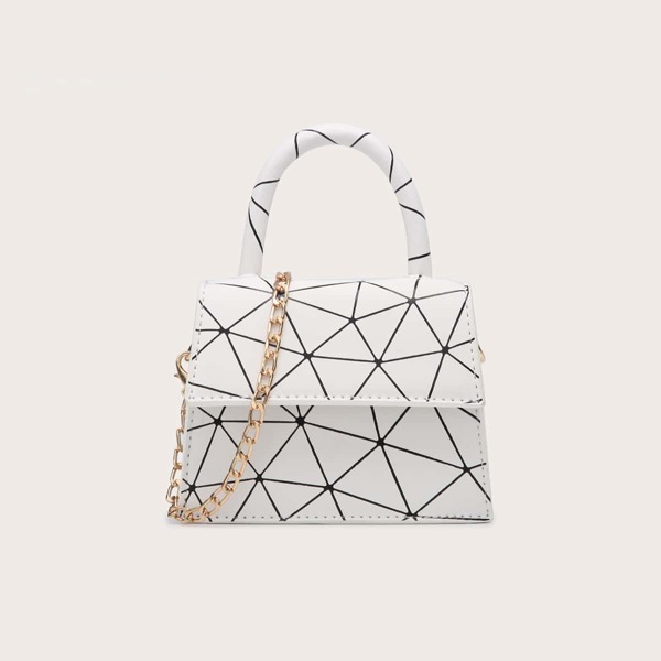 

Mini Geometric Pattern Flap Satchel Bag, White
