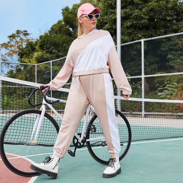 

Plus Colorblock Drop Shoulder Hoodie With Sweatpants, Baby pink