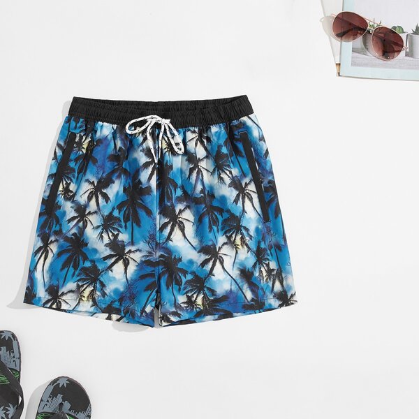 

Men Tropical Print Drawstring Waist Swim Trunks, Multicolor