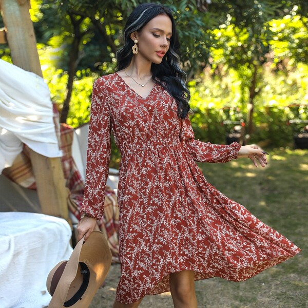 

Lantern Sleeve All Over Floral Print Dress, Redwood