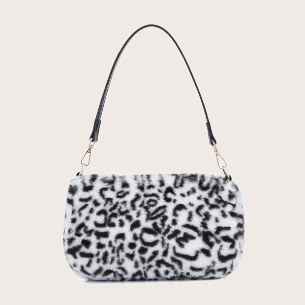 

Leopard Fluffy Baguette Bag, Black and white