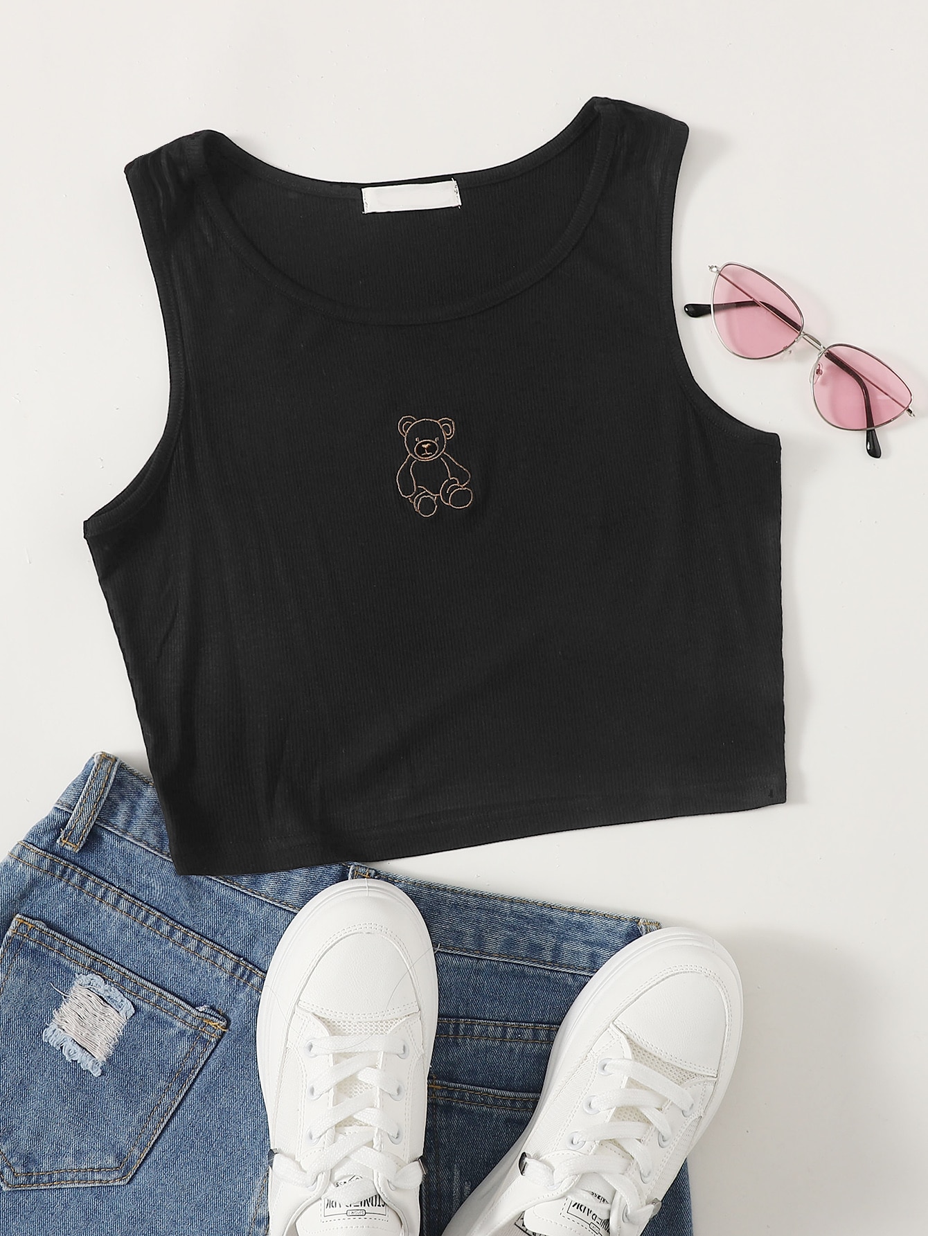 Plus Rib Cartoon Bear Print Crop Tank Top thumbnail