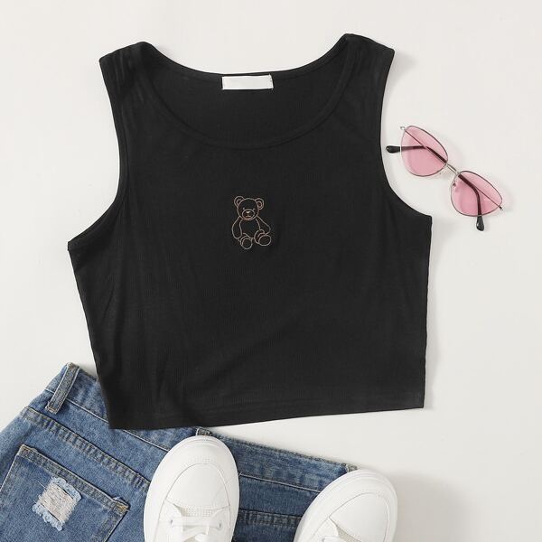 

Plus Rib Cartoon Bear Print Crop Tank Top, Black