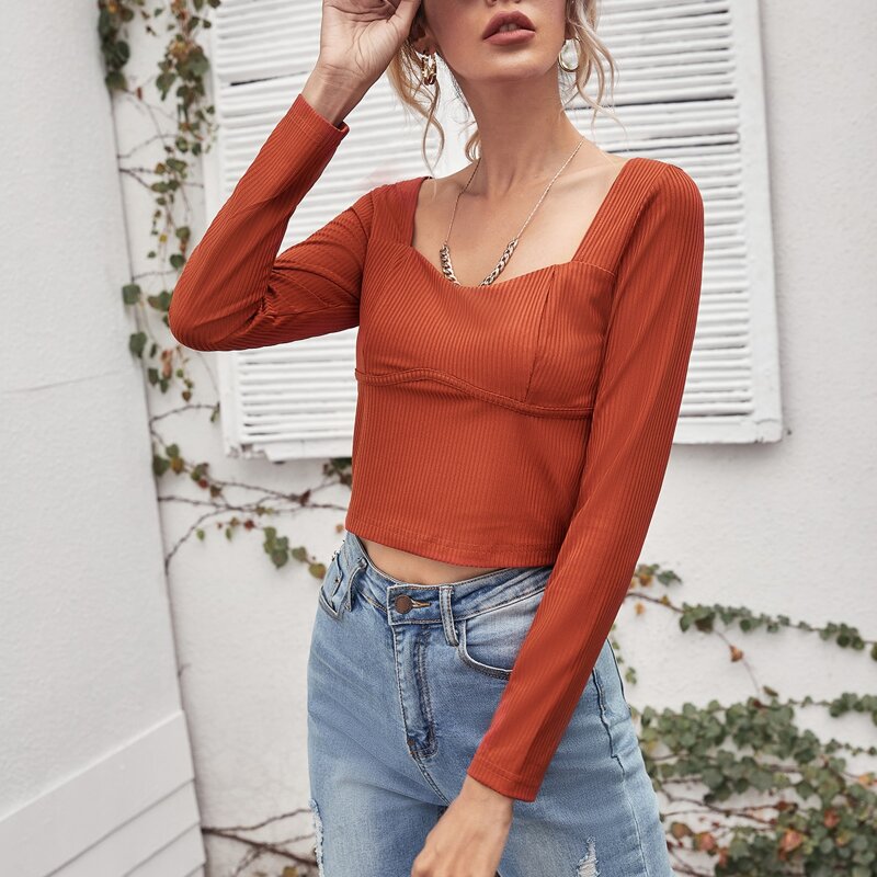 

Solid Rib-knit Crop Tee, Rust brown