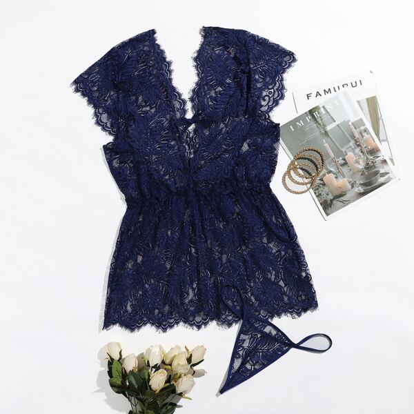

Plus Floral Lace Dress With Thong, Navy blue