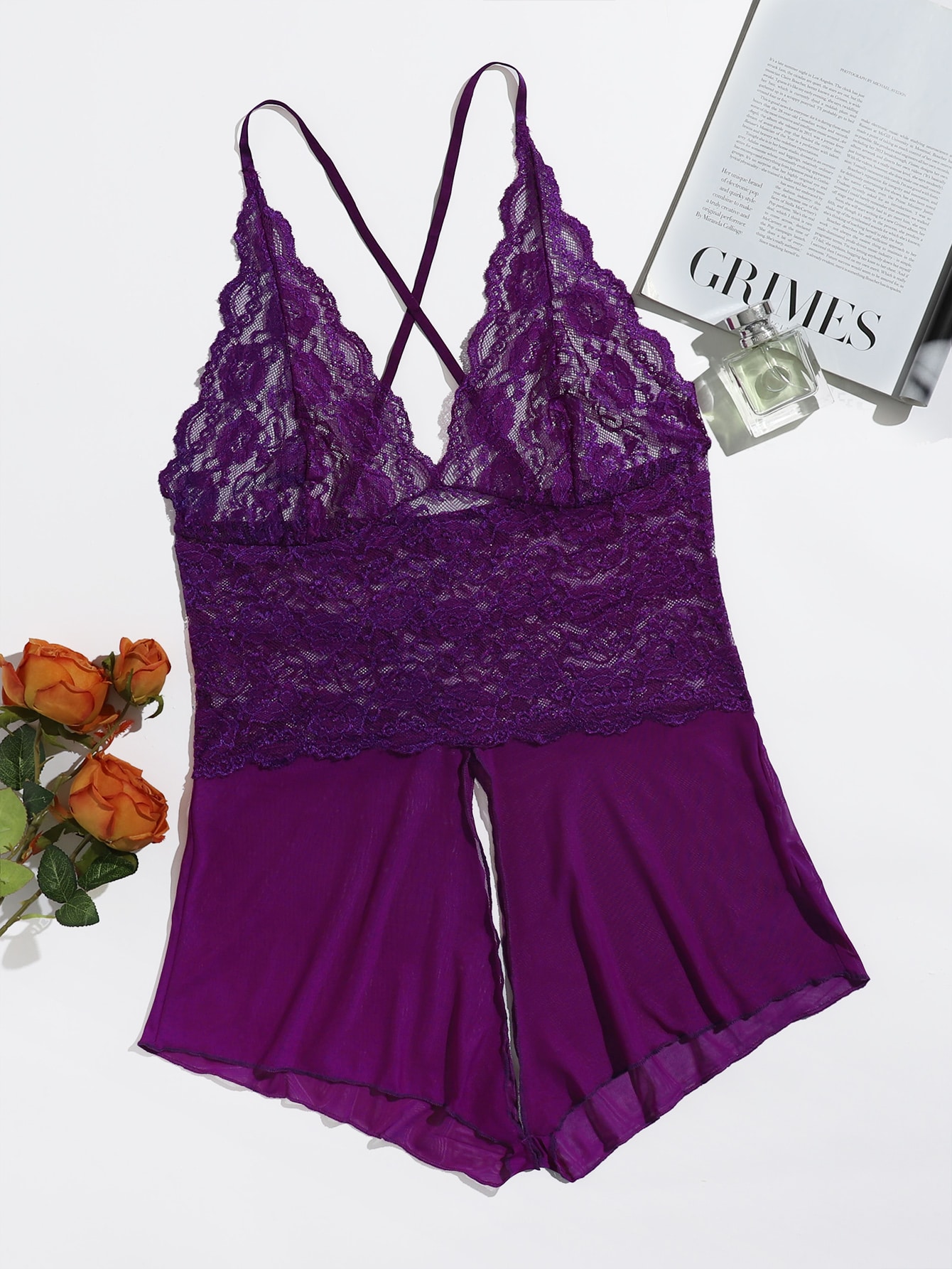 Plus Contrast Lace Mesh Crotchless Teddy Bodysuit thumbnail