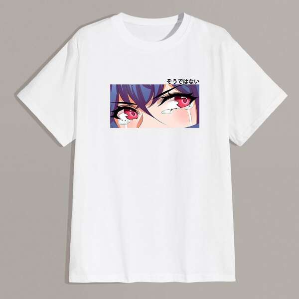 

Men Cartoon And Japanese Letter Graphic Tee, White