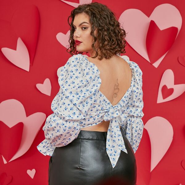 

Plus Ditsy Floral Tie Back Blouse, Blue and white