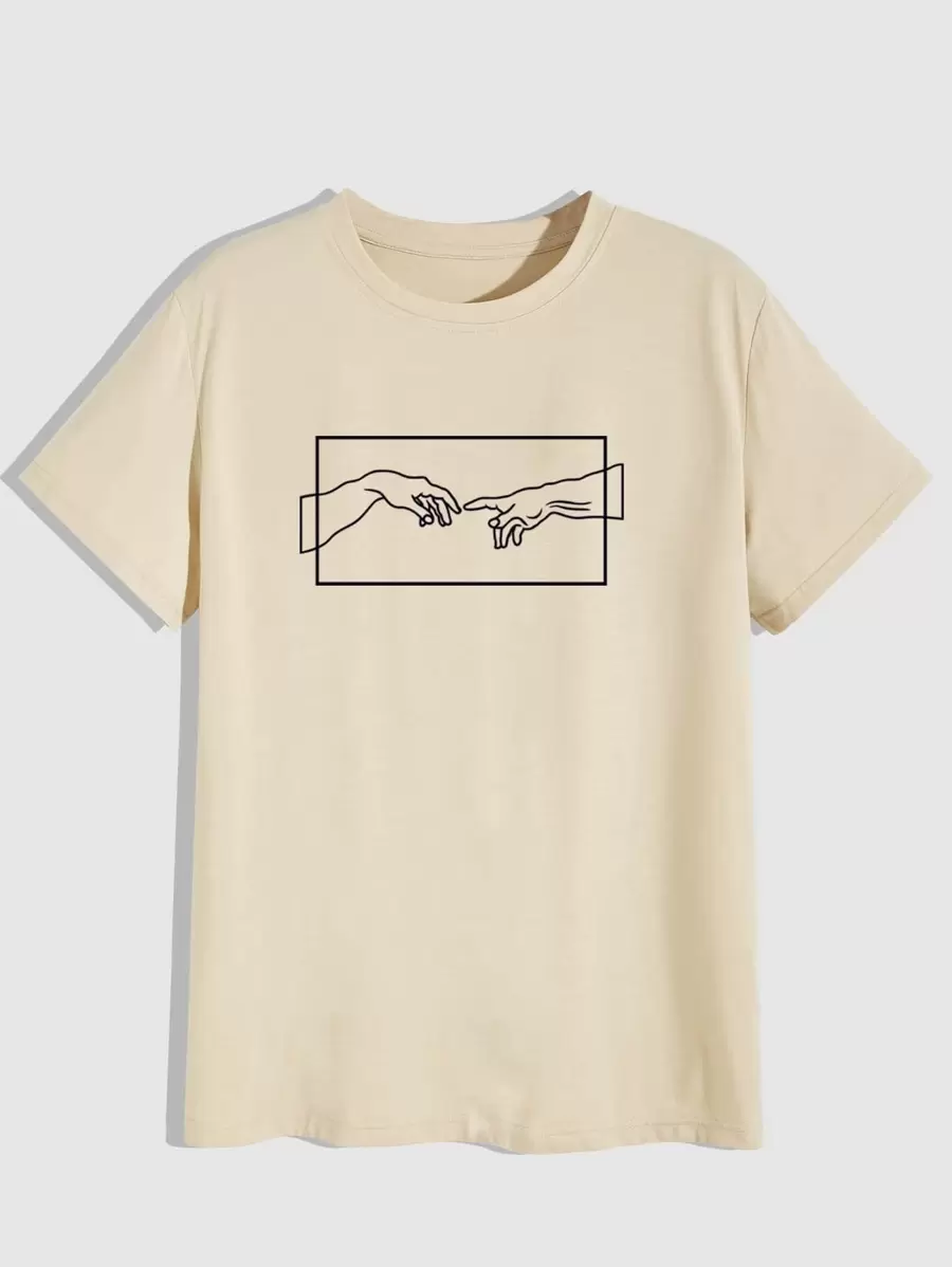 Manfinity Hypemode Camiseta de manga corta con estampado de manos para hombre - Caqui - Ver 1