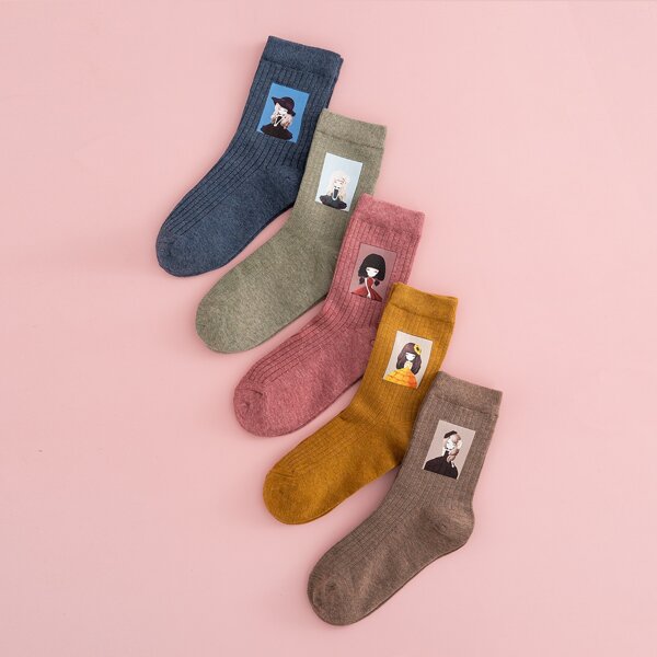 

5pairs Figure Graphic Crew Socks, Multicolor