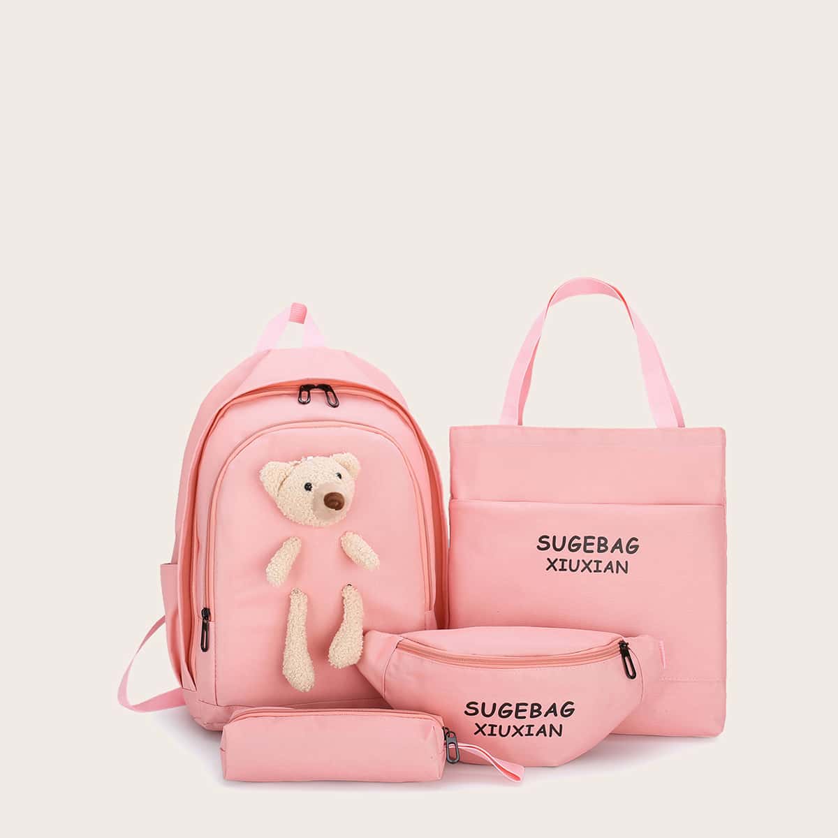 

4pcs Bear Decor Zipper Backpack Set, Pink