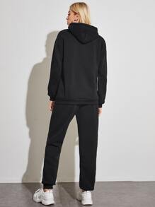 SHEIN EZwear 素色抽繩連帽衫和運動褲 - 黑色 - 查看 2