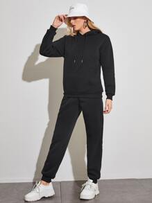 SHEIN EZwear 素色抽繩連帽衫和運動褲 - 黑色 - 查看 3