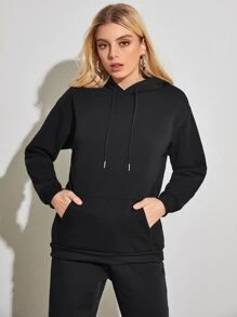 SHEIN EZwear 素色抽繩連帽衫和運動褲 - 黑色 - 查看 5