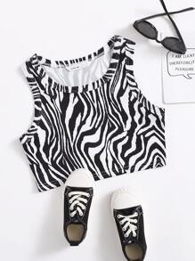 SHEIN Tween Girl Zebra Striped Tank Top - Black and White - View 1
