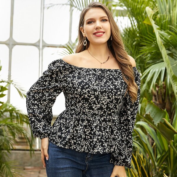 

Plus Ditsy Floral Bardot Peplum Blouse, Black and white