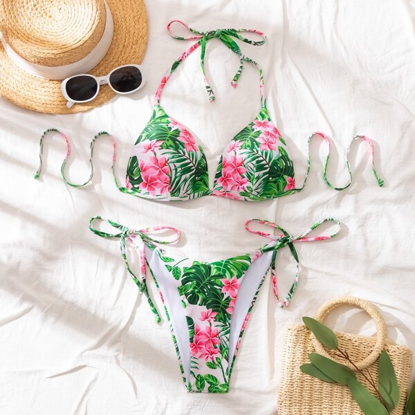 

Floral & Tropical Halter Tie Side Bikini Swimsuit, Multicolor