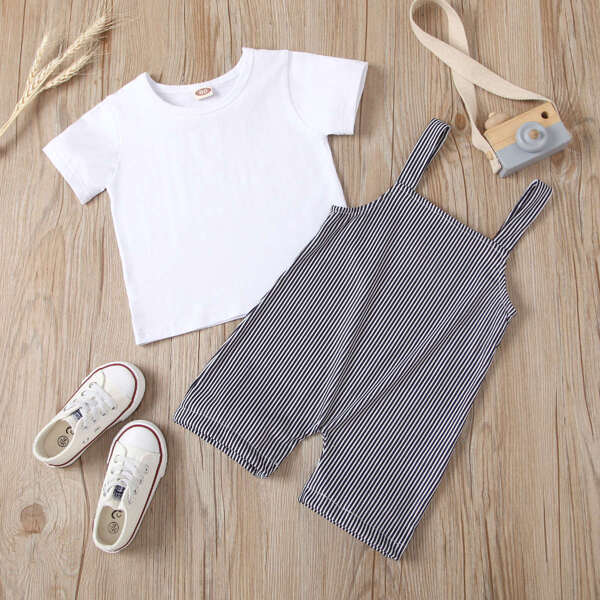 

Baby Boy Tee & Striped Overall, Black and white