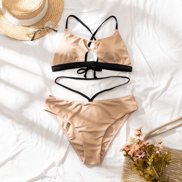 

Cut-out Ring Linked Bikini Swimsuit, Apricot
