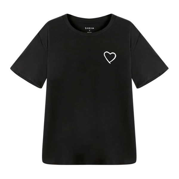 

Heart Print Round Neck Tee, Black