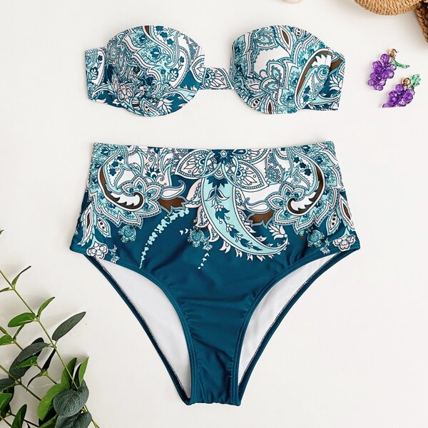 

Floral Push Up Bandeau Bikini Swimsuit, Blue