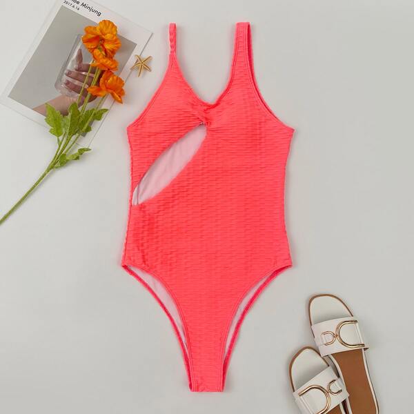 

Textured Cut-out One Piece Swimsuit, Orange