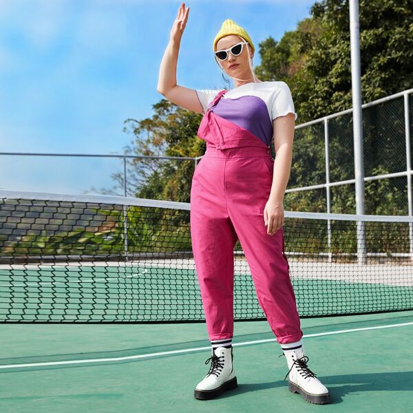 

Plus Solid Slant Pockets Overall Jumpsuit, Hot pink