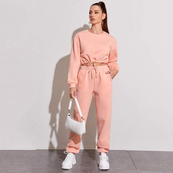 

на кулиске Ровный цвет Повседневный Комплект из двух предметов, Мягко кораллово-розовый