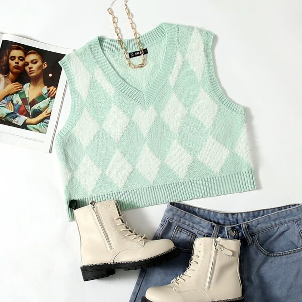 

Argyle Pattern Sweater Vest, Mint green