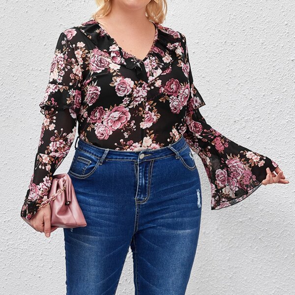 

Plus Floral Ruffle Trim Top, Multicolor