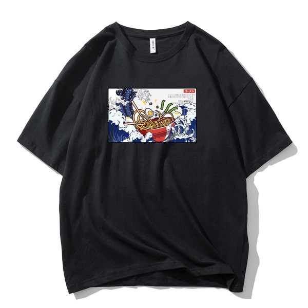 

Men Wave & Japanese Slogan Graphic Tee, Black