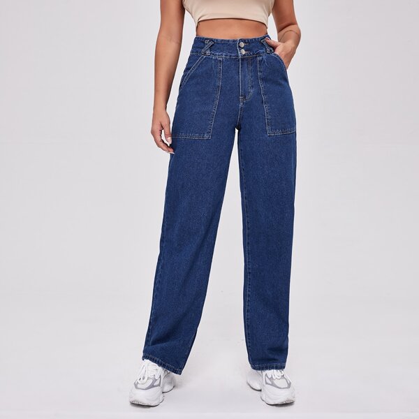 

Button Fly Patch Pocket Straight Jeans, Medium wash
