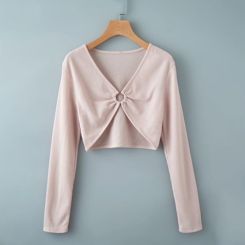 Ring Front Crop Ribbed Top, Beige