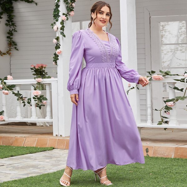 

Plus Solid Guipure Lace Panel Dress, Lilac purple