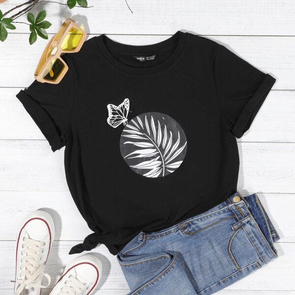 

Butterfly & Plants Print Tee, Black