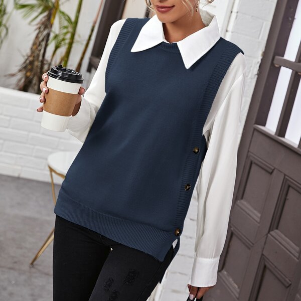 

Buttoned Side Sweater Vest Without Blouse, Navy blue