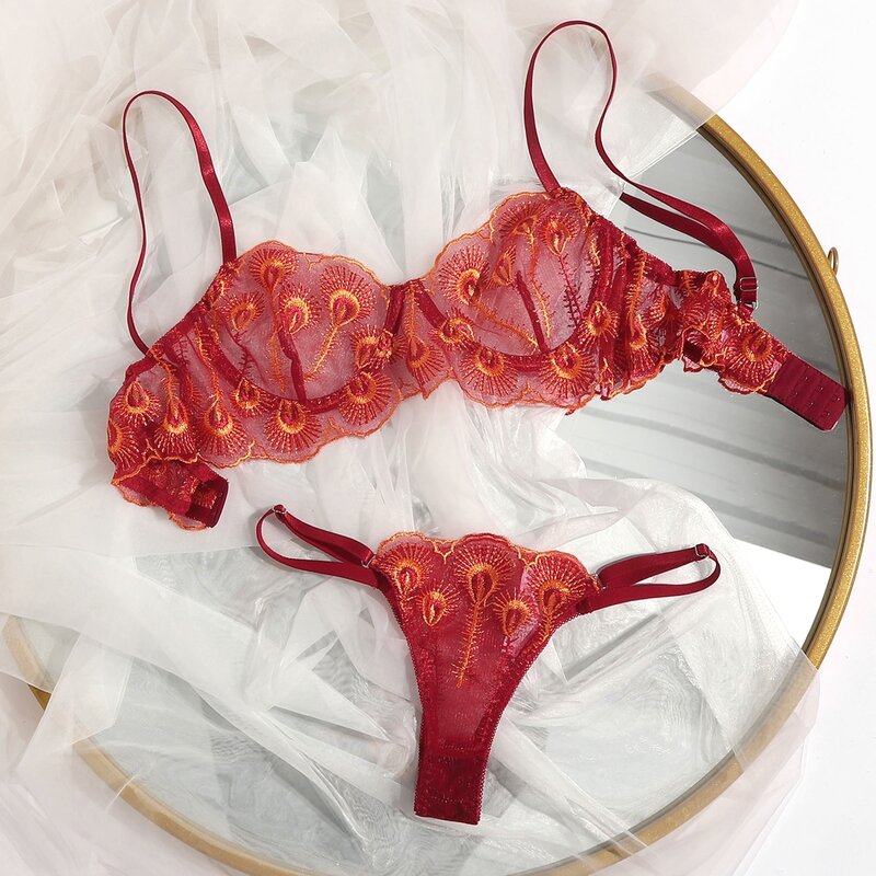 

Embroidery Lace Thong Lingerie Set, Burgundy