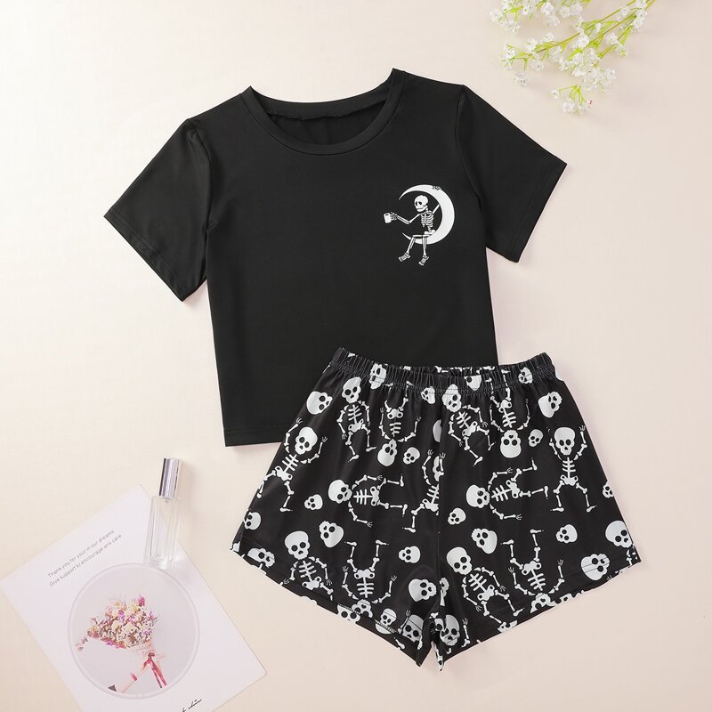 

Skull Print Short Sleeve Pajama Set, Black