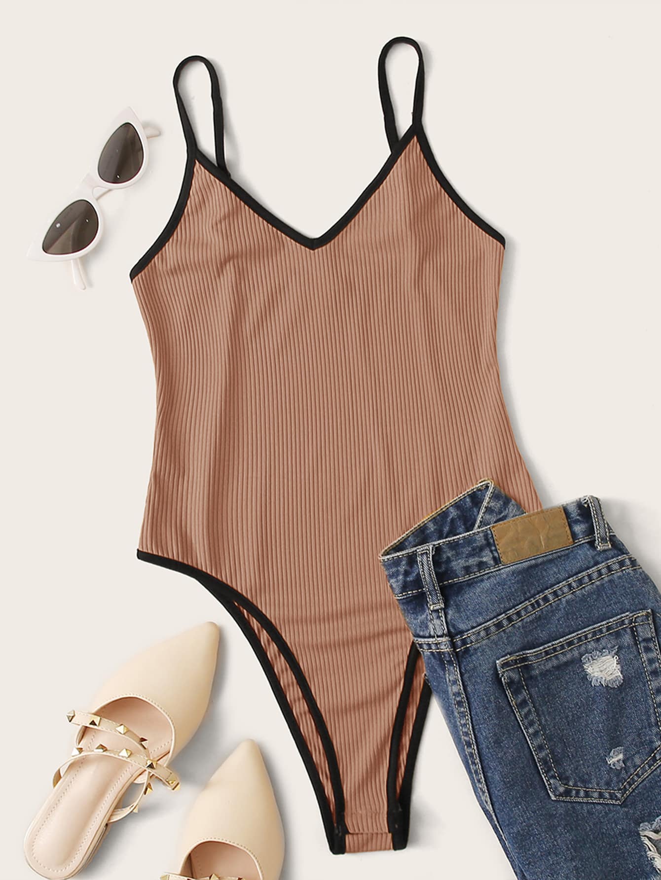 SHEIN EZwear Ribbed Contrast Trim Cami Bodysuit - Camel - View 1
