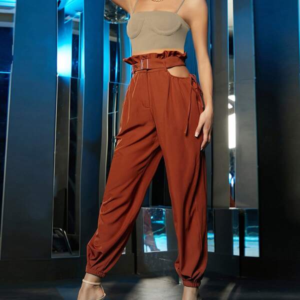 

Cut Out Paper Bag Waist Belted Solid Pants, Rust brown