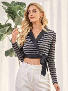 SHEIN Unity Áo sơ mi Thắt nơ trước Sọc Hấp dẫn - Nhiều màu - Xem 4