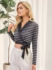 SHEIN Unity Áo sơ mi Thắt nơ trước Sọc Hấp dẫn - Nhiều màu - Xem 6