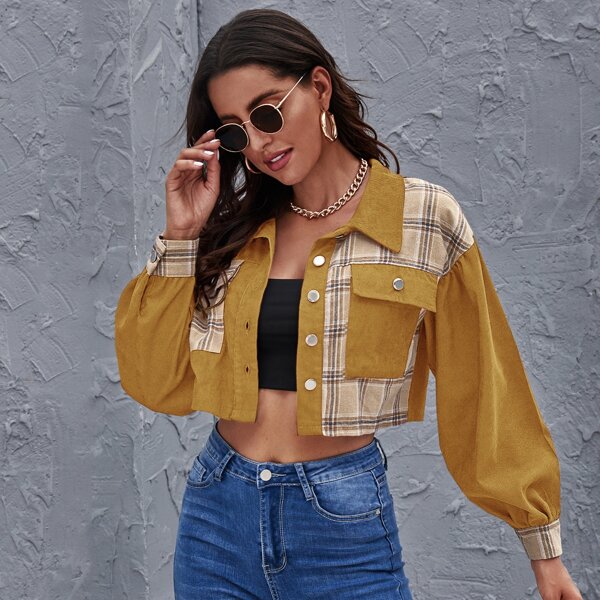 

Contrast Plaid Flap Pocket Crop Corduroy Jacket, Mustard yellow