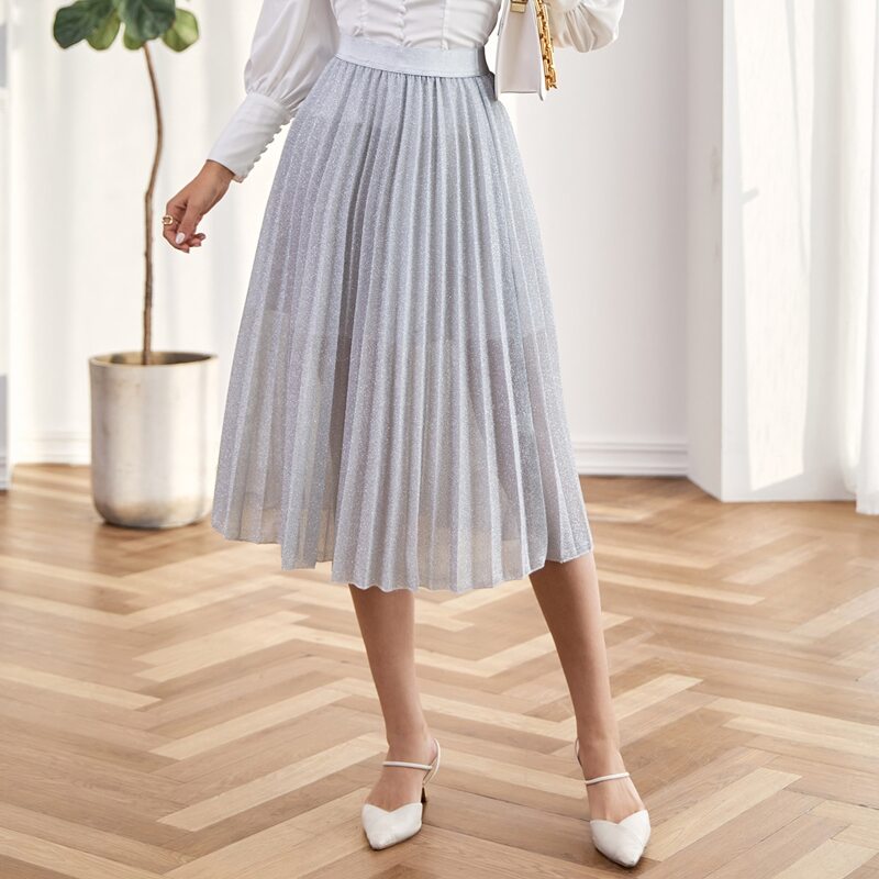 

High Waist Glitter Pleated Skirt, Light grey