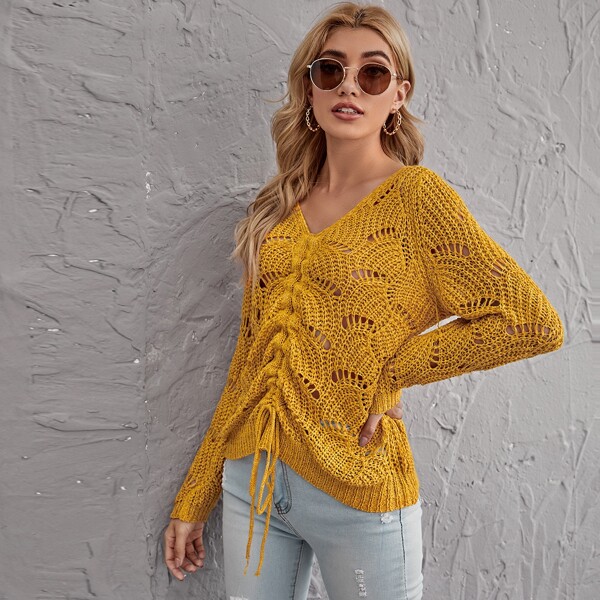 

Drawstring Ruched Pointelle Knit Sweater, Mustard yellow