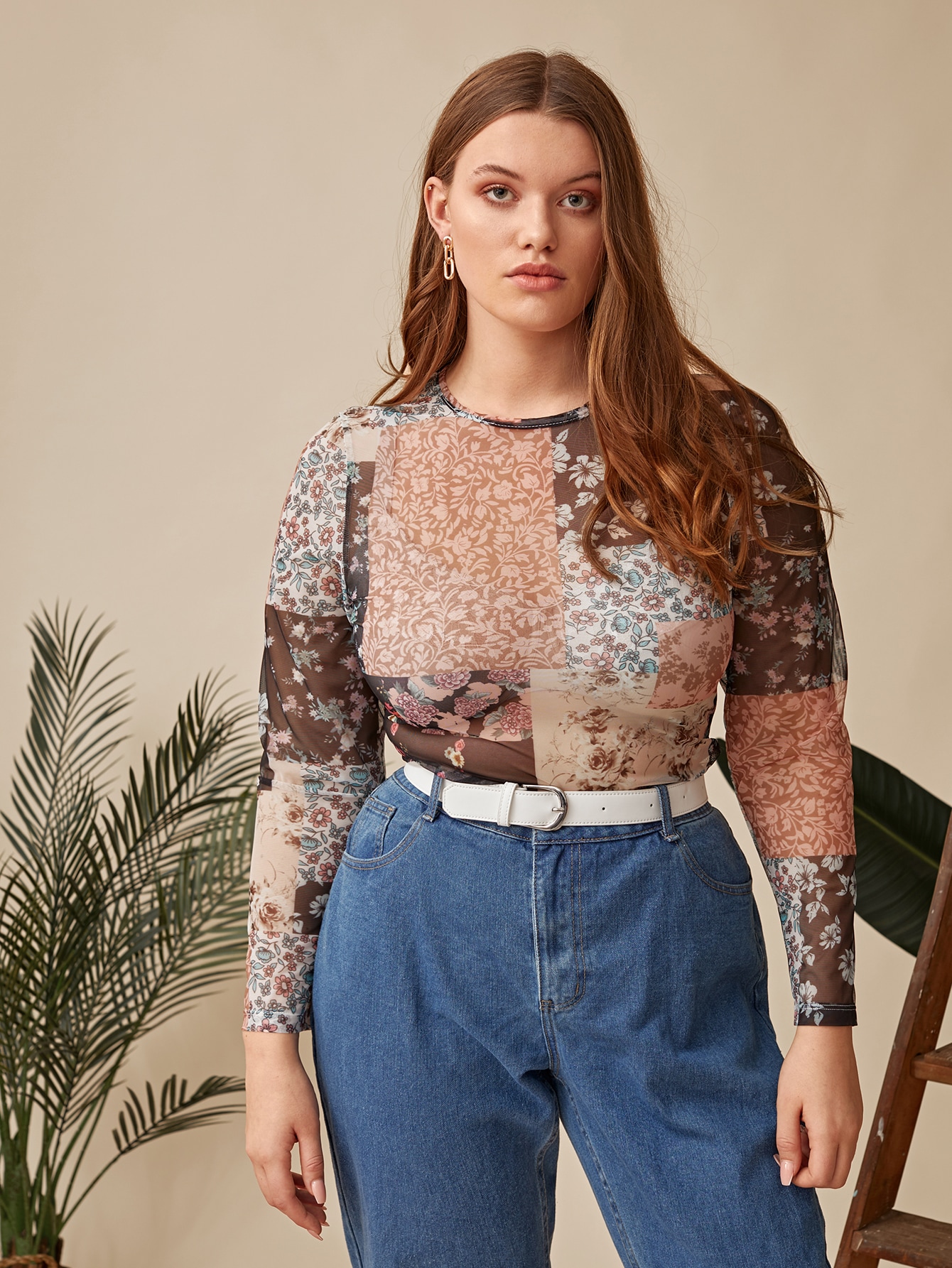 Plus Floral Patchwork Mesh Top thumbnail